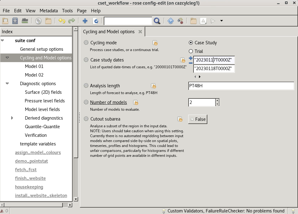 Screenshot of the CSET GUI for Cycling and Model options.