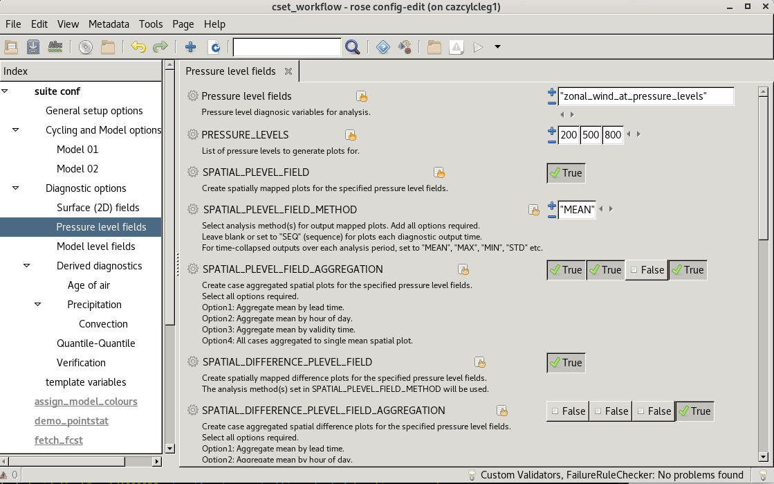 Screenshot of the CSET GUI for Pressure level fields options - upper half.