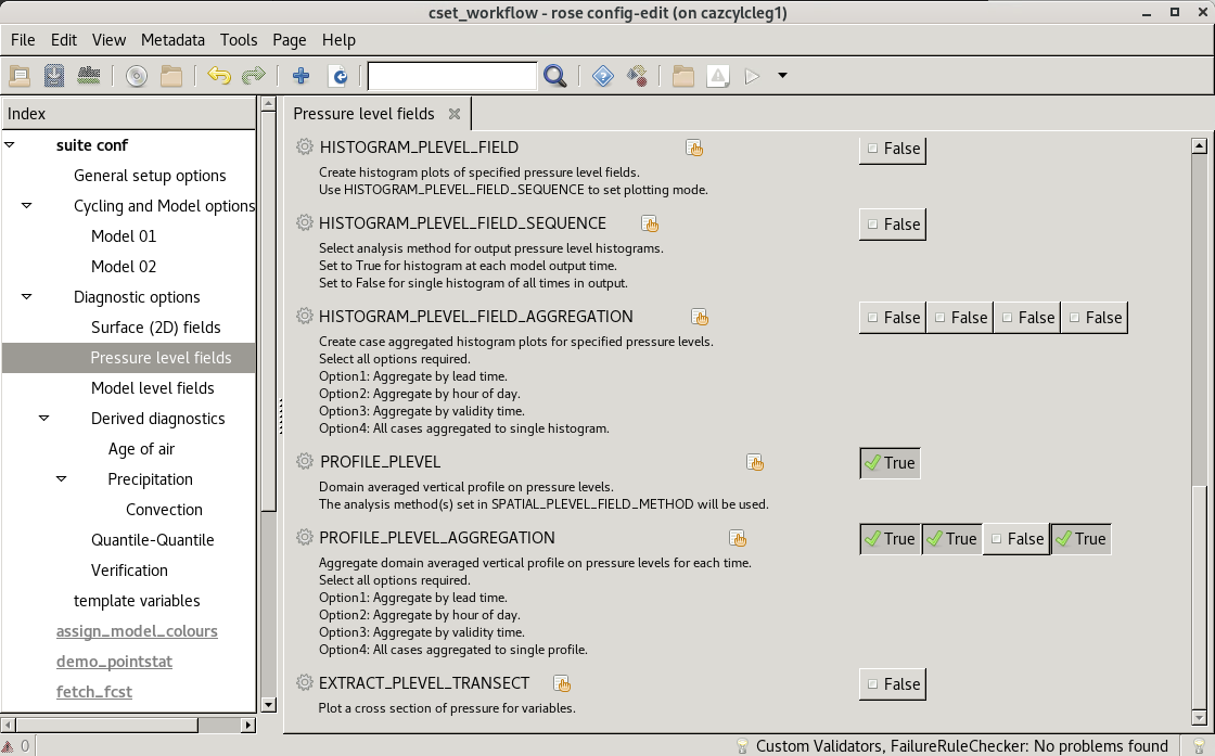 Screenshot of the CSET GUI for Pressure level fields options - lower half.