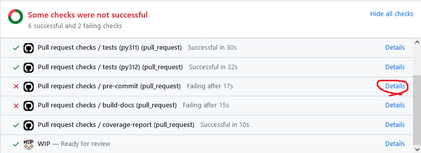 Pull request checks, with a couple failing. The details link is highlighted.