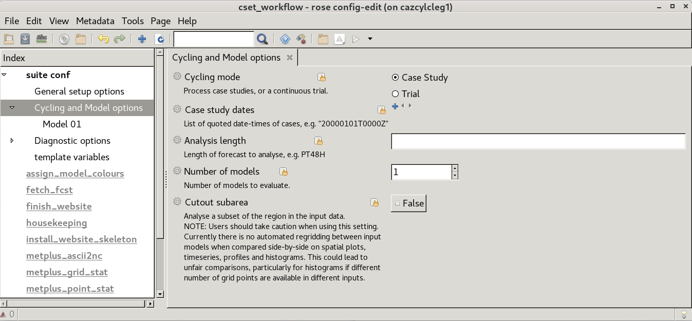 rose edit GUI, showing the cycling and model setup options.