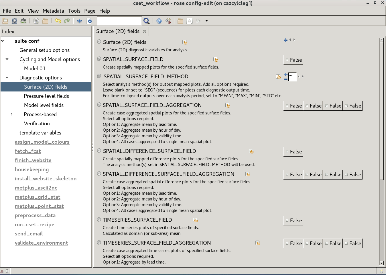 rose edit GUI, showing an example of diagnostic setup options.
