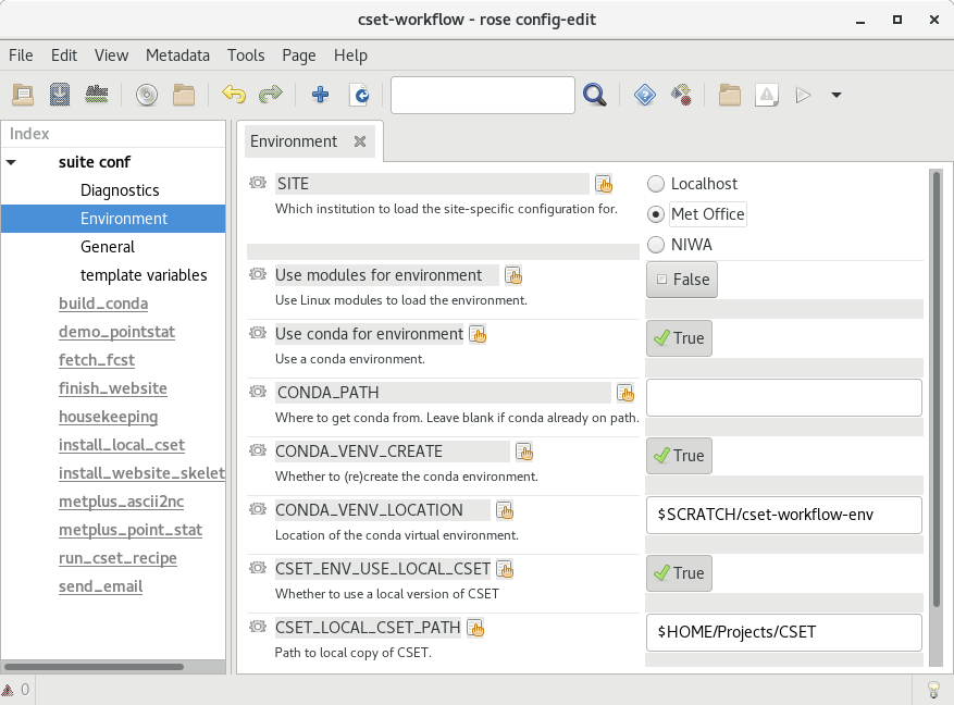 rose edit GUI, showing the environment setup options.