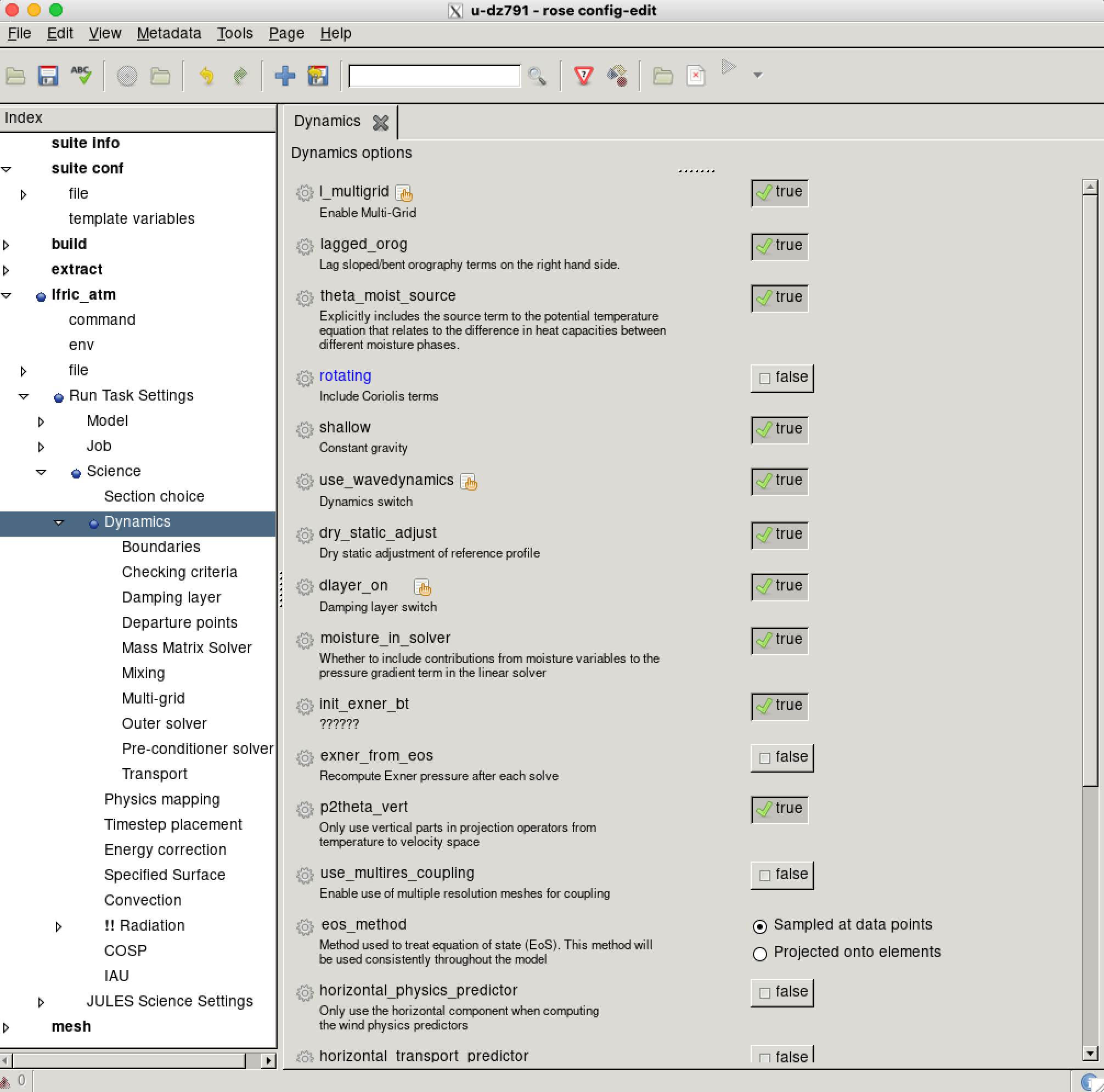 Dynamics parameters section in Rose GUI