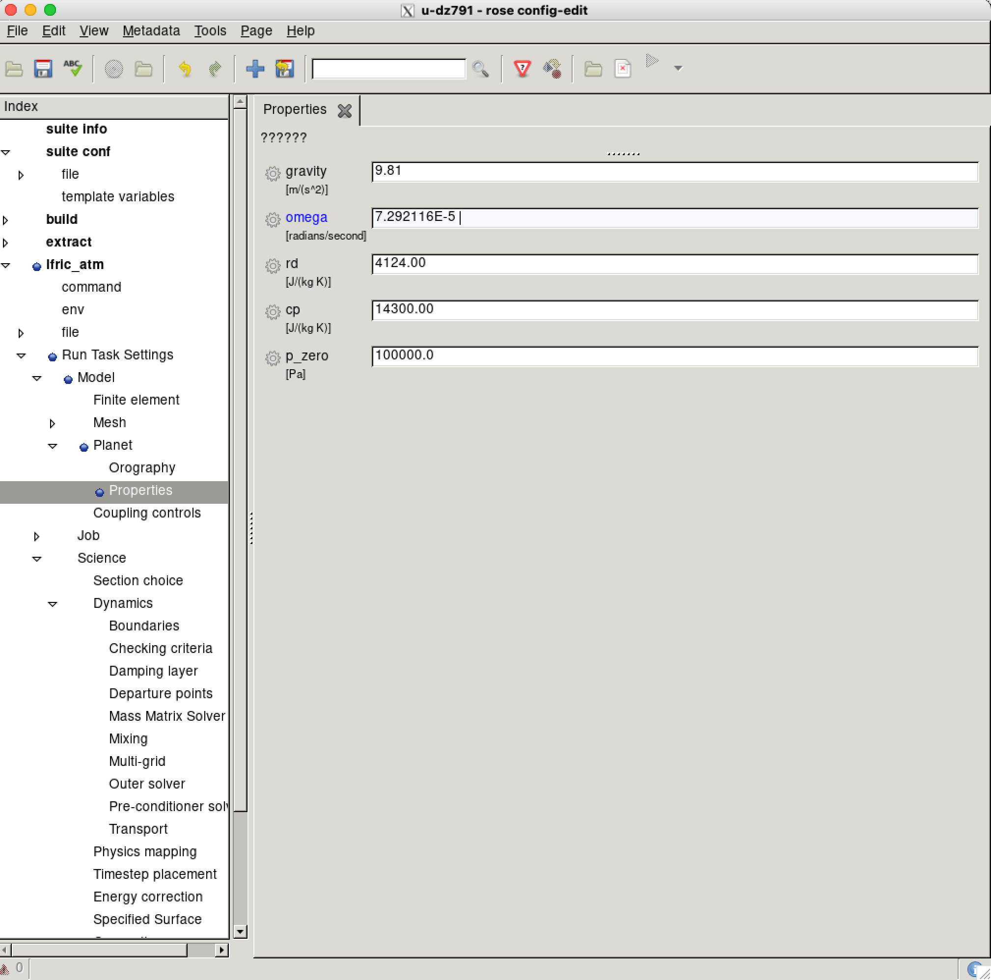 Planetary parameters section in Rose GUI