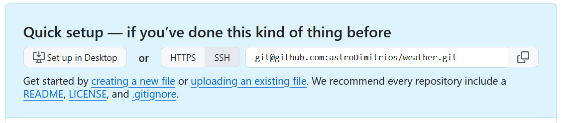 A screenshot showing that clicking on "SSH" will make GitHub provide the SSH URL for a repository instead of the HTTPS URL