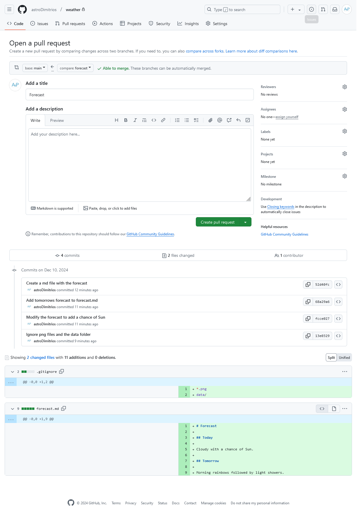 A screenshot of the weather repo showing the creation of a pull request for the forecast branch changes.