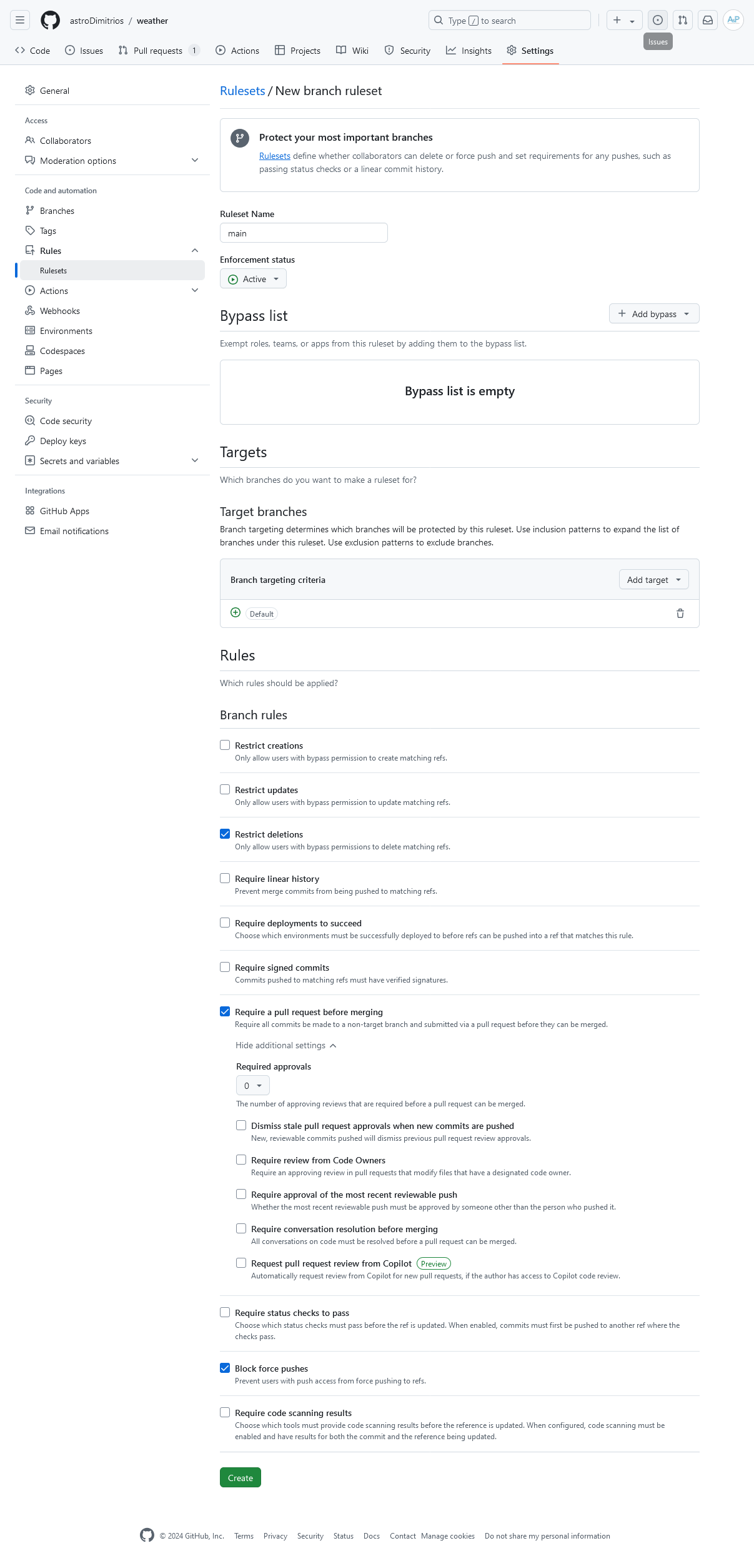 A screenshot showing the creation of a rule to protect the main branch in the repository settings, rulesets page.