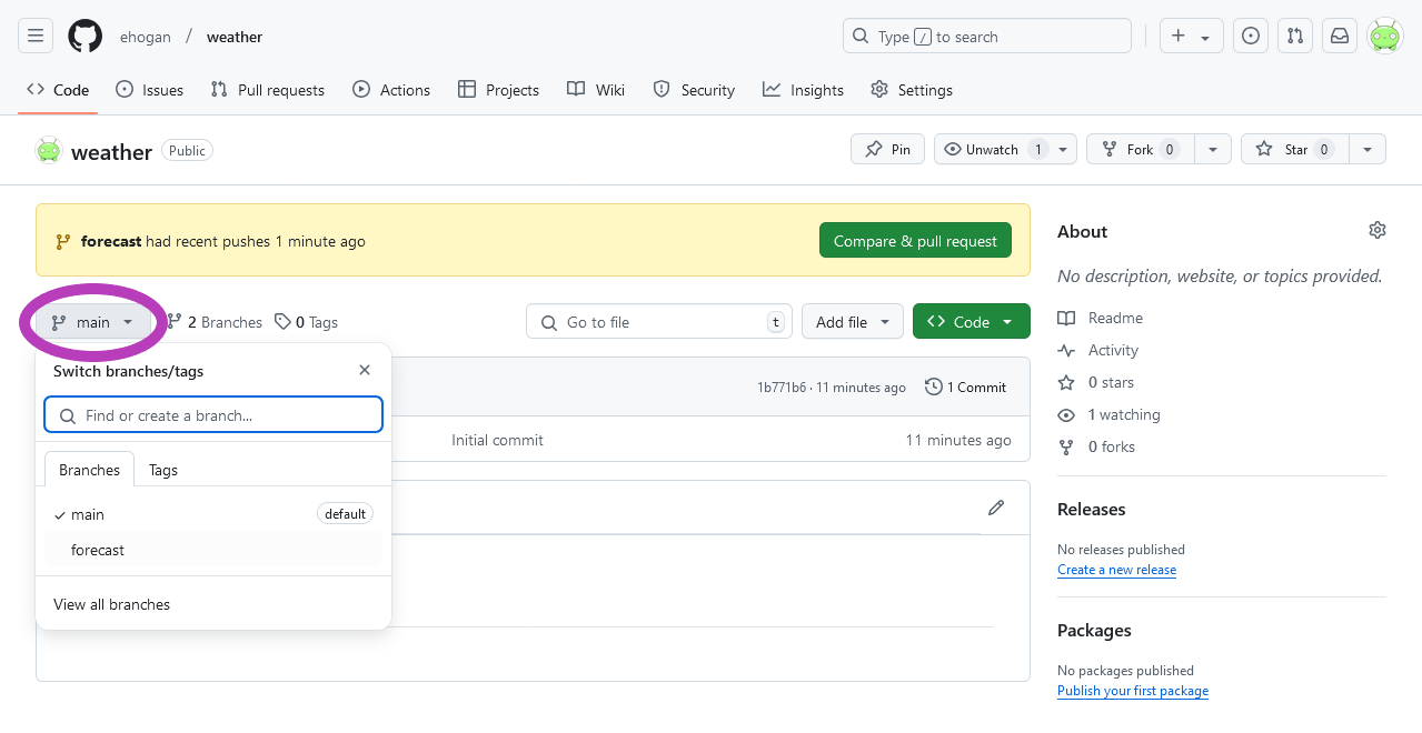 A screenshot of the main branch of weather repository on GitHub, showing the branch drop down box.