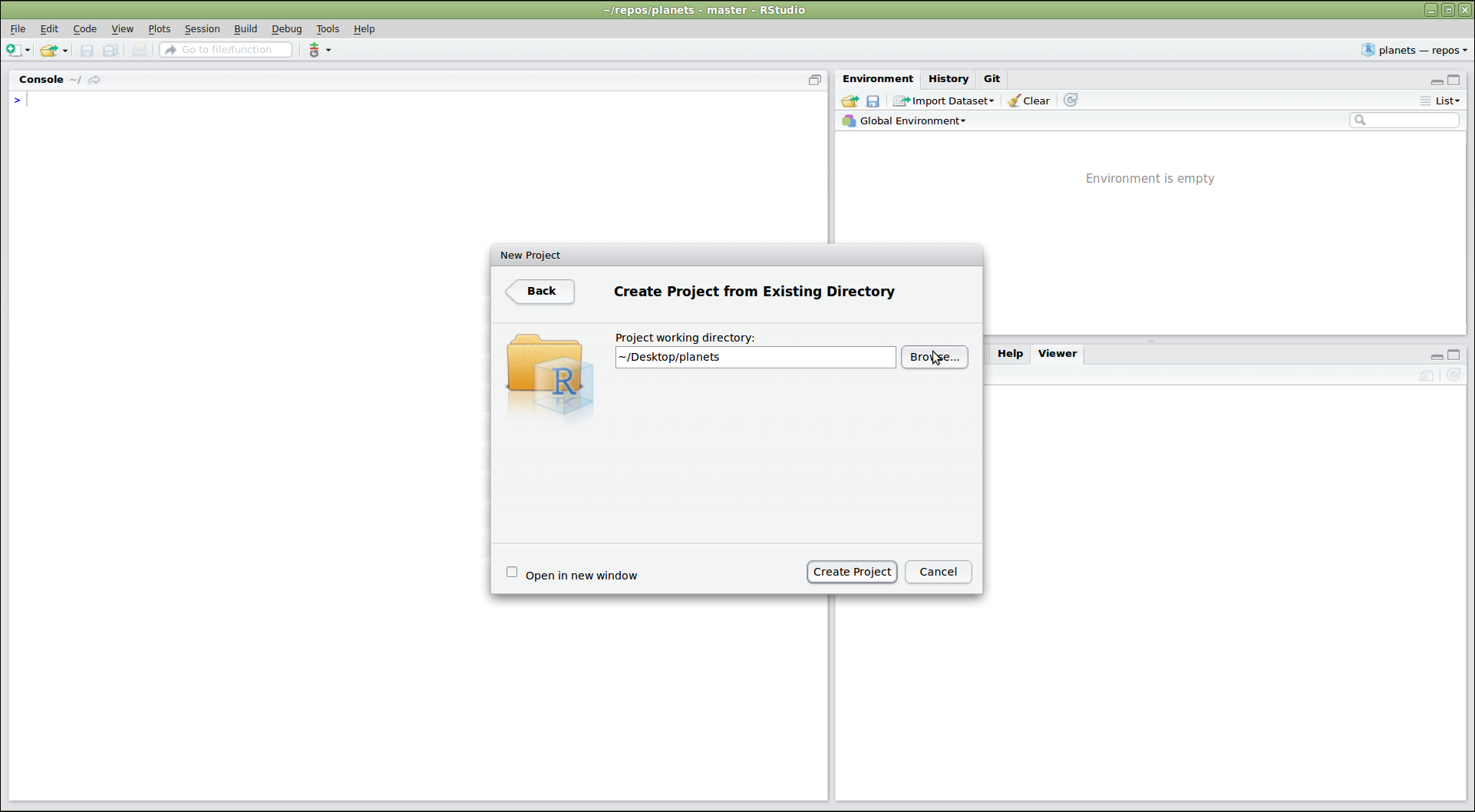 RStudio window showing the "Create Project From Existing Directory" dialog. In the dialog, the project working directory has been set to "~/Desktop/weather"