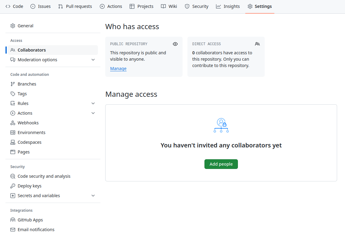 A screenshot of the GitHub Collaborators settings page, which is accessed by clicking "Settings" then "Collaborators"