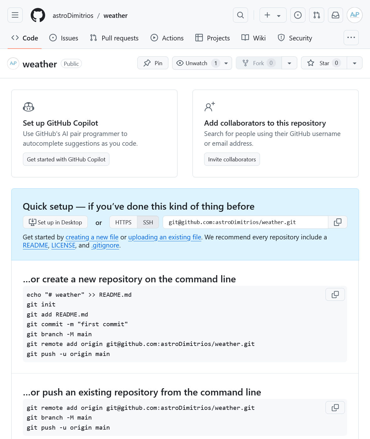 The summary page displayed by GitHub after a new repository has been created. It contains instructions for configuring the new GitHub repository as a Git remote