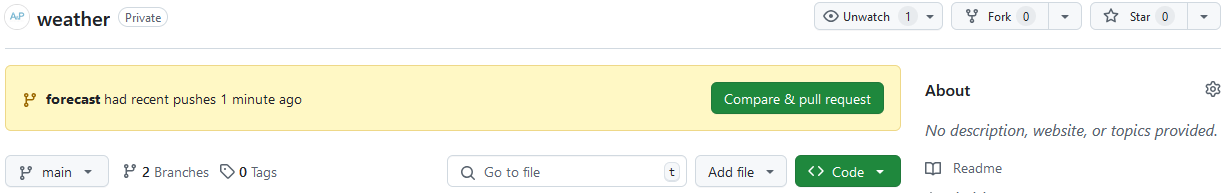 A screenshot of the weather repo showing the notification prompting us to Compare & pull request for the forecast branch.