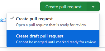 A screenshot showing the dropdown to swap from a normal pull request to a creating a draft pull request.