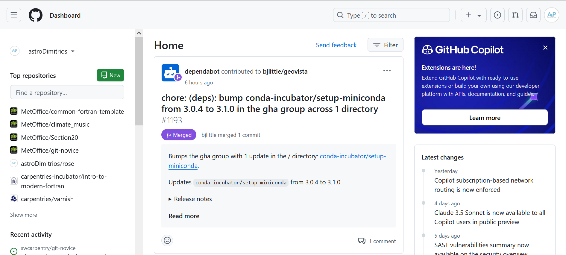 The GitHub home page showing repositories on the left, and news in the centre.