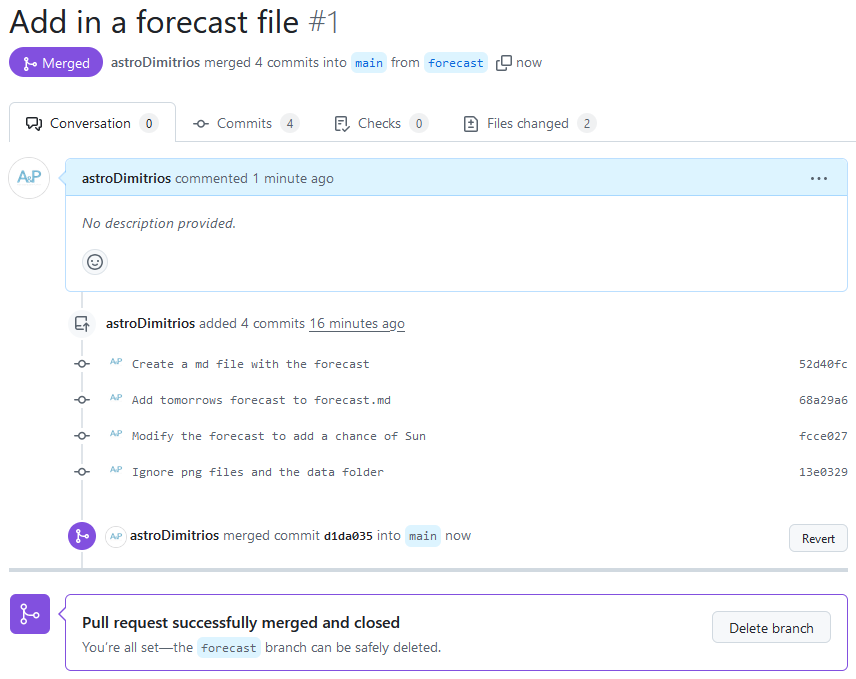 A screenshot showing a closed pull request on the weather repository.