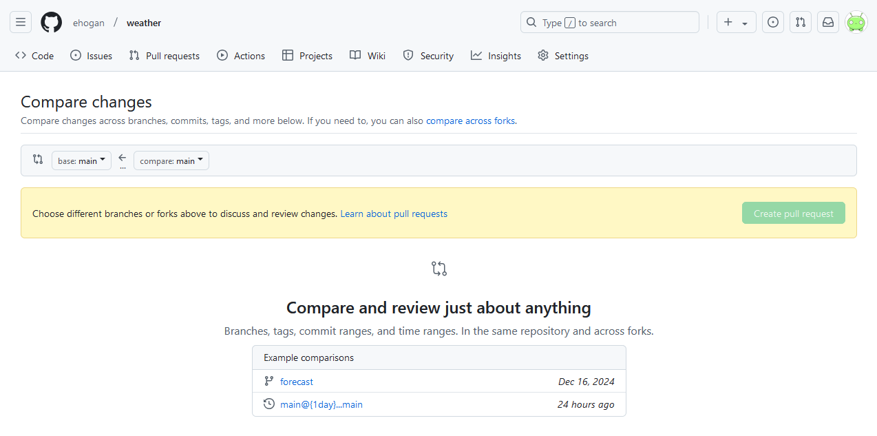 A screenshot of the compare page for the weather repository on GitHub.